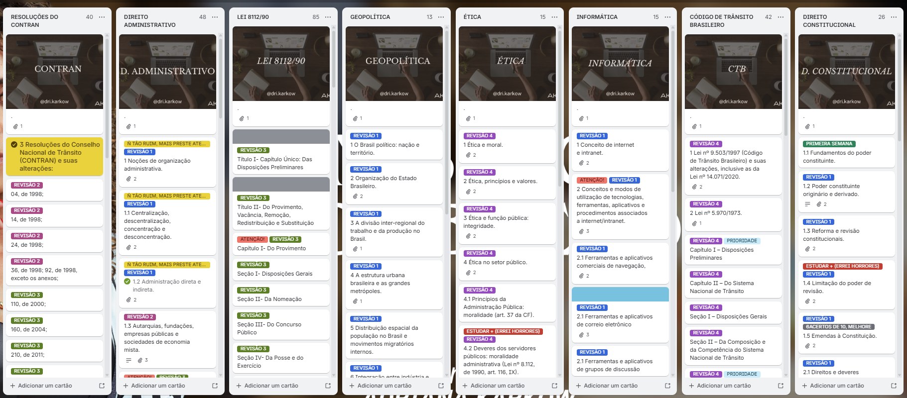 Quadro Trello real da Mentoria ERA com matérias organizadas por revisão